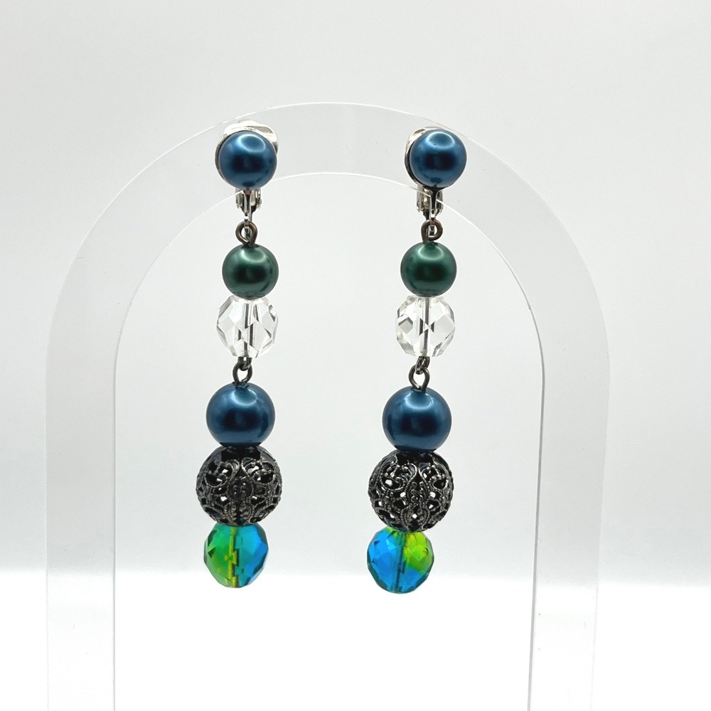 Schiaparelli Vintage Clip On Drop Earrings Blue Green Teal Beaded Filigree 2.75"